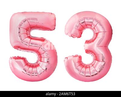 Nummer 53 dreiundfünfzig aus Roségold aufblasbare Luftballons Isoliert auf weißem Hintergrund Stockfoto