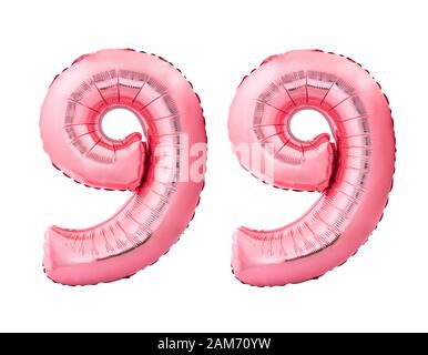 Nummer 99 neunundneunzig aus Roségold aufblasbare Luftballons Isoliert auf weißem Hintergrund Stockfoto