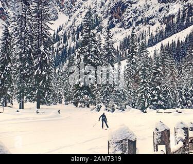 Sexten, Italien - Winterlandschaft von Fischleintal mit Langläufer auf dem weißen Schnee Wanderwege für einen schönen Winterurlaub Stockfoto