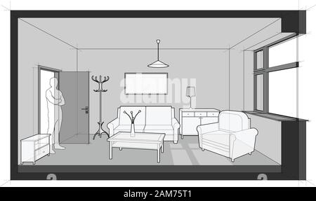 Diagramm eines einzigen Zimmer mit Sofa und Sessel und Tisch und