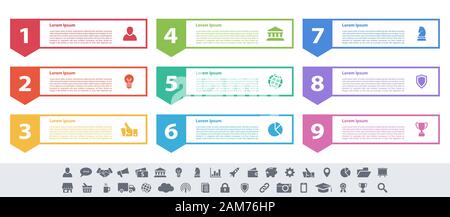 Infografik design Business Konzept Vector Illustration mit 9 Schritte und Optionen oder Prozesse, Arbeitsabläufe oder Diagramm oder Web button Banner dar Stock Vektor