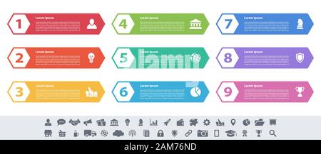 Infografik design Business Konzept Vector Illustration mit 9 Schritte und Optionen oder Prozesse, Arbeitsabläufe oder Diagramm oder Web button Banner dar Stock Vektor