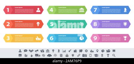 Infografik design Business Konzept Vector Illustration mit 9 Schritte und Optionen oder Prozesse, Arbeitsabläufe oder Diagramm oder Web button Banner dar Stock Vektor