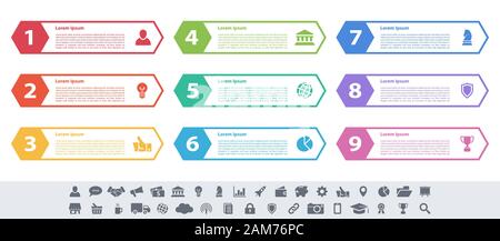 Infografik design Business Konzept Vector Illustration mit 9 Schritte und Optionen oder Prozesse, Arbeitsabläufe oder Diagramm oder Web button Banner dar Stock Vektor