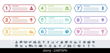 Infografik design Business Konzept Vector Illustration mit 9 Schritte und Optionen oder Prozesse, Arbeitsabläufe oder Diagramm oder Web button Banner dar Stock Vektor