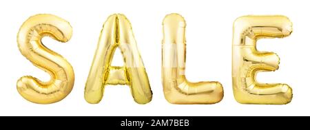 Wort VERKAUF von goldenen aufblasbaren Ballons isoliert auf weißem Hintergrund Stockfoto