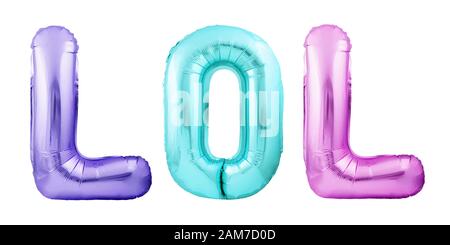 Word LOL aus bunten aufblasbaren Ballon Buchstaben isoliert auf weißem Hintergrund Stockfoto