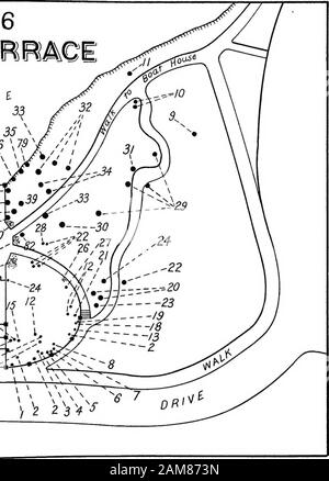 Bäume und Sträucher des Central Park. Erläuterungen, Karte Nr. 6 Common Name Botanischer Name A. American Arbor Vitse. Thuya Occidentalis. 2. Chinesische Wistaria. Wistaria Chinensis. 3- Pinxter Flower, WildHoneysuckle, PinkAzalea. Azalea nudiflora. 4- Kaukasisches Azalea. Azalea Pontica. S- Japan Judas Tree. Cercis Japonica. 6. Früh - blühende Jessa-Mine. Jasminum midiflorum. 7- Rhodendronen. 8. Staggerbush. Andromeda mariana. 9- Rote Eiche. Quercus rubra. Lo. Amerikanische Buche. Fagus ferruginea. II Black Cherry. Prunus serotina. 12. Japan Plume Grass. Eulalia Japonica, var. gracil-lima univittata. 13 - Plume- Stockfoto