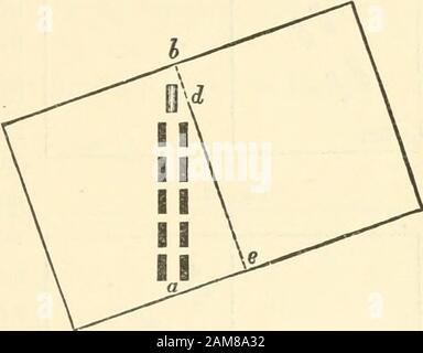 Ameisen, Bienen und Wespen: Eine Aufzeichnung von Beobachtungen zu den Gewohnheiten der sozialen Hymenoptera. BEDEUTUNG DES DUFTS. 25d Abb. 19.. Dann verdreht, wie in Abb. gezeigt. 19. Die Steine und das Tunneling wurden ebenfalls neu angeordnet, so dass sie genau in die gleiche Richtung lagen wie zuvor, aber das Brett wurde verschoben, die Linie d e lag nun außerhalb von ihnen. Diese Änderung hat jedoch die Ameisen überhaupt nicht discom-posieren lassen; anstatt, wie zuvor, durch Thetunnel und betweendie Reihen von Bricksto A zu gehen, gehen sie genau auf dem alten Weg nach e. Ich habe dann wie bisher, aber ohne den Tunnel und mit nur drei Paaren aus dem Ofbr, arrangespielt Stockfoto