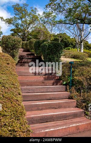 Das Obergeschoss führt zum Park mit Pflanzen auf beiden Seiten. Stockfoto