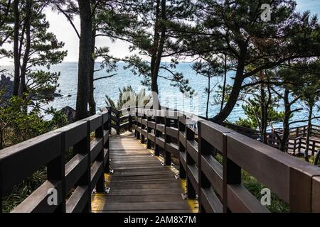 Jeju, Korea, 11. März 2019. Die Brücke führt zur Aussichtsplattform. Jusangjeolli sind Steinsäulen, die entlang der Küste aufgeschüttet werden und ein ausgewiesenes c sind Stockfoto