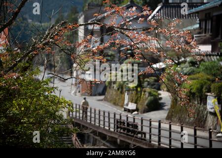 Abgelegenes Bergdorf Yunomine Onsen im Frühjahr, die älteste Onsenstadt Japans Stockfoto