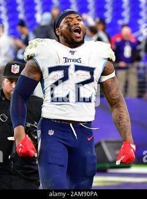 Baltimore, Vereinigte Staaten. Januar 2020. Tennessee Titans Running Back Derrick Henry (22) reagiert, nachdem er die Baltimore Ravens 28-12 in einem Division Playoff-Spiel im M&T Bank Stadium in Baltimore, Maryland, am Samstag, 11. Januar 2020 besiegt hat. Tennessee rückt mit dem Sieg in die AFC Championship vor. Foto von David Tulis/UPI Credit: UPI/Alamy Live News Stockfoto