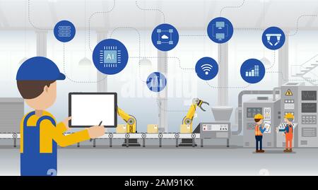 Automatisierungs-Branchenkonzept mit Arbeitern steuern Roboter und Maschinen flaches Design Vektorgrafiken Stock Vektor
