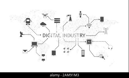 Digitales Branchenkonzept mit Symbolen auf der Weltkarte in Vektorgrafiken mit binärem Codemuster Stock Vektor
