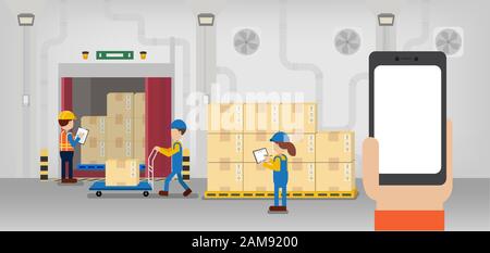 Hand halten, leeren Bildschirm Handy im Lager mit Arbeiter arbeiten Design Vector Illustration Stock Vektor