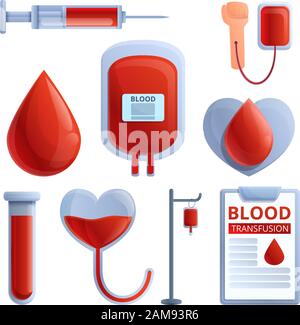 Symbole für die Bluttransfusion festgelegt. Cartoon-Set mit Vektorsymbolen für die Bluttransfusion für das Webdesign Stock Vektor