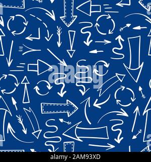 Nahtloses Muster mit verschiedenen weißen, handgezeichneten Pfeilen auf klassischem blauem Hintergrund. Vektorgrafiken. Stock Vektor