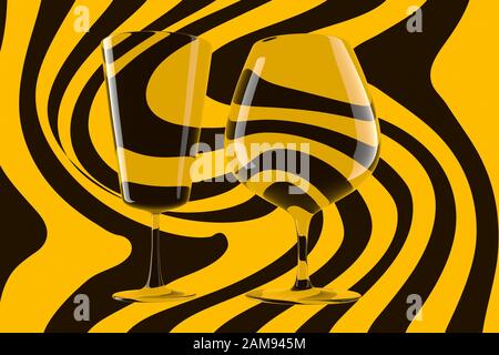 Paar leere Weingläser und Wein auf dem abisolierten Hintergrund. 3D-Darstellung. Stockfoto