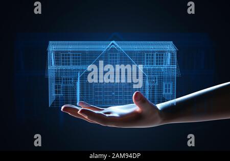 3D-Rendering von menschlichen Handhalterhausenthaupen oder Drahtmodell Stockfoto