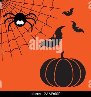 Schwarz und orange Vektor Cartoon isolierte Spinnennetz mit lustigen Spinne, fliegende Fledermäuse und Kürbis Stock Vektor