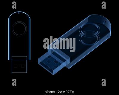 3D-Rendering-usb-Flashlaufwerk-Scan isoliert auf Schwarz Stockfoto