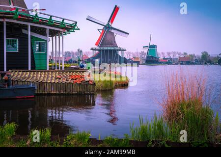 Wundervolle traditionelle alte holländische Windmühlen im beliebten Touristendorf Zaanse Schans und Museum am nebligen Morgen, in der Nähe von Amsterdam, Zaandam, Netherl Stockfoto