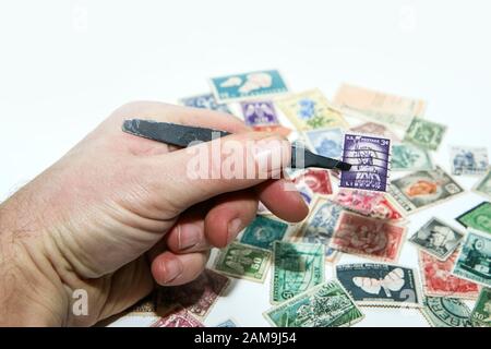 Eine Hand hält einen Stempel im Zange. Darunter liegen mehrere weitere Stempel. Die Philatelie ist ein Hobby oder auch eine Investition. Stockfoto