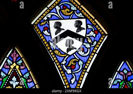 Ives Family Arms Glasmalerei, Three Moors Heads, St. Martin's Church, Litchborough, Northamptonshire, England, Großbritannien Stockfoto