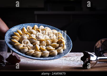 Hausgemachte Knödel, Pelmeni, Ravioli. Roher russischer Pelmeni. Stockfoto