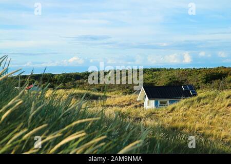 Die traditionellen farbenfrohen Holzhäuschen an der Küste des Meeres in Schweden, versteckt hinter den Dünen. Stockfoto