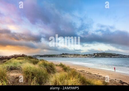 Instow, North Devon, Großbritannien. Januar 2020. Wetter in Großbritannien. Während die Sonne aufgeht, wellt eine kalte Brise die langen Gräser auf den Dünen, während die Menschen einen zügigen Spaziergang am windgepeitschten Strand in Instow in Nord-Devon genießen. Terry Mathews/Alamy Live News Stockfoto