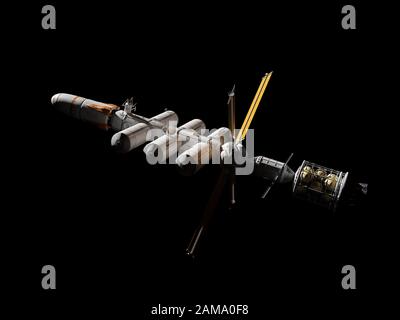 Futuristisches Raumschiff isoliert auf schwarzem Hintergrund, Raketendesign Stockfoto