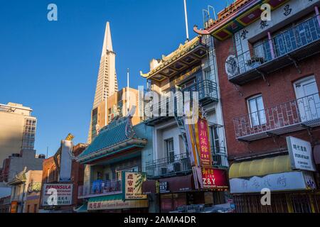 Blick auf Transamerica-Pyramide und Chinatown, San Francisco, Kalifornien, Vereinigte Staaten von Amerika, Nordamerika Stockfoto