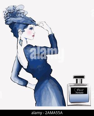 Schöne Frau mit Hut, die Parfümwerbung macht - Vektorgrafiken (Ideal zum Drucken auf Stoff oder Papier, Plakat oder Tapete, Hausdekore Stock Vektor