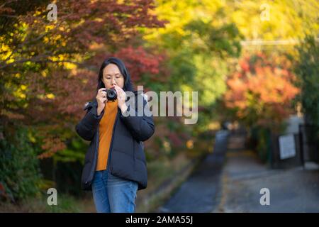 Junger schöner Fotograf mit der professionellen Kamera fotografiert schönes Herbst-Blatt mit farbenfrohem Ahorn in Kyoto Japan. Stockfoto