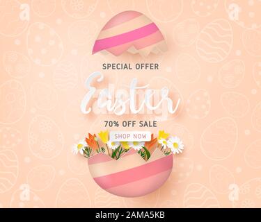 Happy Easter Sale Banner-Vorlage mit Osterei und Blume auf dem Hintergrund in Papierschnitt. Vektorgrafiken. Poster, Banner, Flyer, Hintergrund, B. Stock Vektor