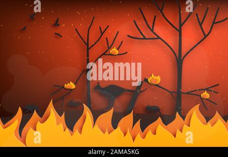 Waldbrände mit Silhouetten von wilden Tieren, die vor Feuer in Papierschnittweise fliehen. Digitale Handwerkspapierkunst Stock Vektor