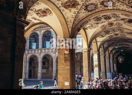 Archiginnasio in Bologna Universität Gebäude, die älteste Universität der Welt in Bologna, Hauptstadt und größte Stadt der Region Emilia Romagna, Italien Stockfoto