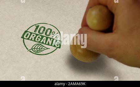 100-prozentige Stempel- und Stempelhand aus biologischem Anbau. Ökologie, Bio, frei von genetisch veränderten organismen, natürliche und gesunde Ernährung. Stockfoto