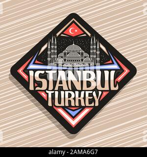 Vektorlogo für Istanbul, dunkles Rhombusabzeichen mit Linienillustration berühmter Sultanahmet Camii auf Himmelshintergrund, dekorativer Touristenmagnet Wi Stock Vektor