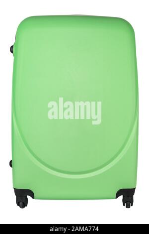 Koffer auf Rädern grüne Farbe auf einem weißen, isolierten Rückraum . Datei enthält Beschneidungspfad Stockfoto