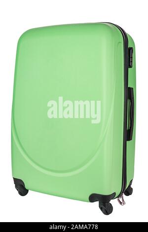 Koffer auf Rädern grüne Farbe auf einem weißen, isolierten Rückraum . Datei enthält Beschneidungspfad Stockfoto