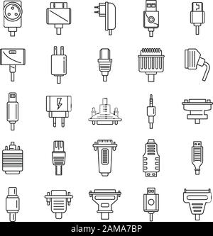 Symbole für den Adapteranschluss festgelegt. Umrisssatz der Vektorsymbole des Adapteranschlusses für Webdesign isoliert auf weißem Hintergrund Stock Vektor