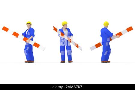 3D-Rendering eines Mannes, der ein Warnschild für Straßenbarriere isoliert hält Stockfoto