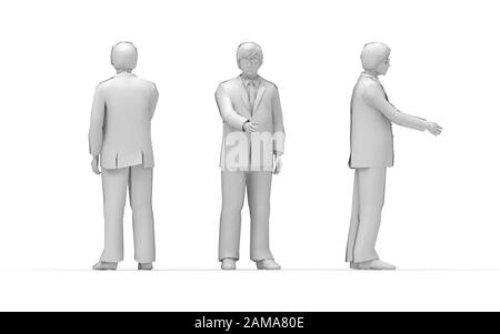 3D-Rendering eines Geschäftmanns, der die Hände isoliert im weißen Hintergrund schüttelt Stockfoto