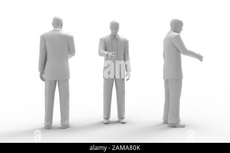 3D-Rendering eines Geschäftmanns, der die Hände isoliert im weißen Hintergrund schüttelt Stockfoto