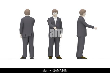 3D-Rendering eines Geschäftmanns, der die Hände isoliert im weißen Hintergrund schüttelt Stockfoto