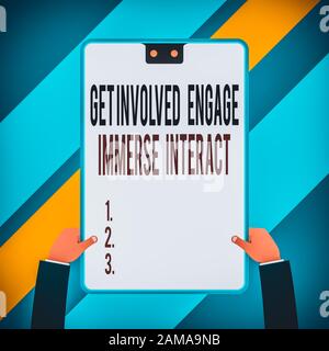 Wort schreiben Text Mitmachen engagieren Tauchen Sie interagieren. Business foto Präsentation melden Sie Verbinden Sie beteiligen sich an dem Projekt zwei Executive männliche Hände hol Stockfoto