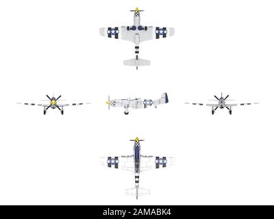 3D-Darstellung mehrerer Ansichten eines Kampfflugzeugs vom Typ 2. Weltkrieg. Stockfoto